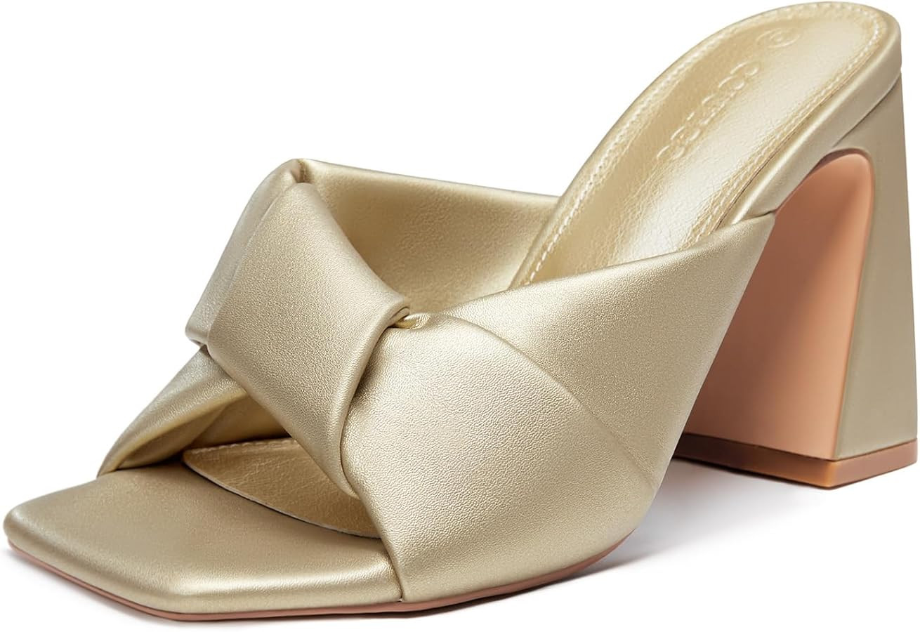 Coutgo Womens Chunky Heeled Mules Puffy Knot Square Open Toe Slip On Sandals Summer Evening Party... | Amazon (US)