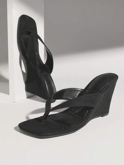SHUZIA Women's Square Toe Thong T Strap Slide High Wedge Sandals Valentine's Day | SHEIN