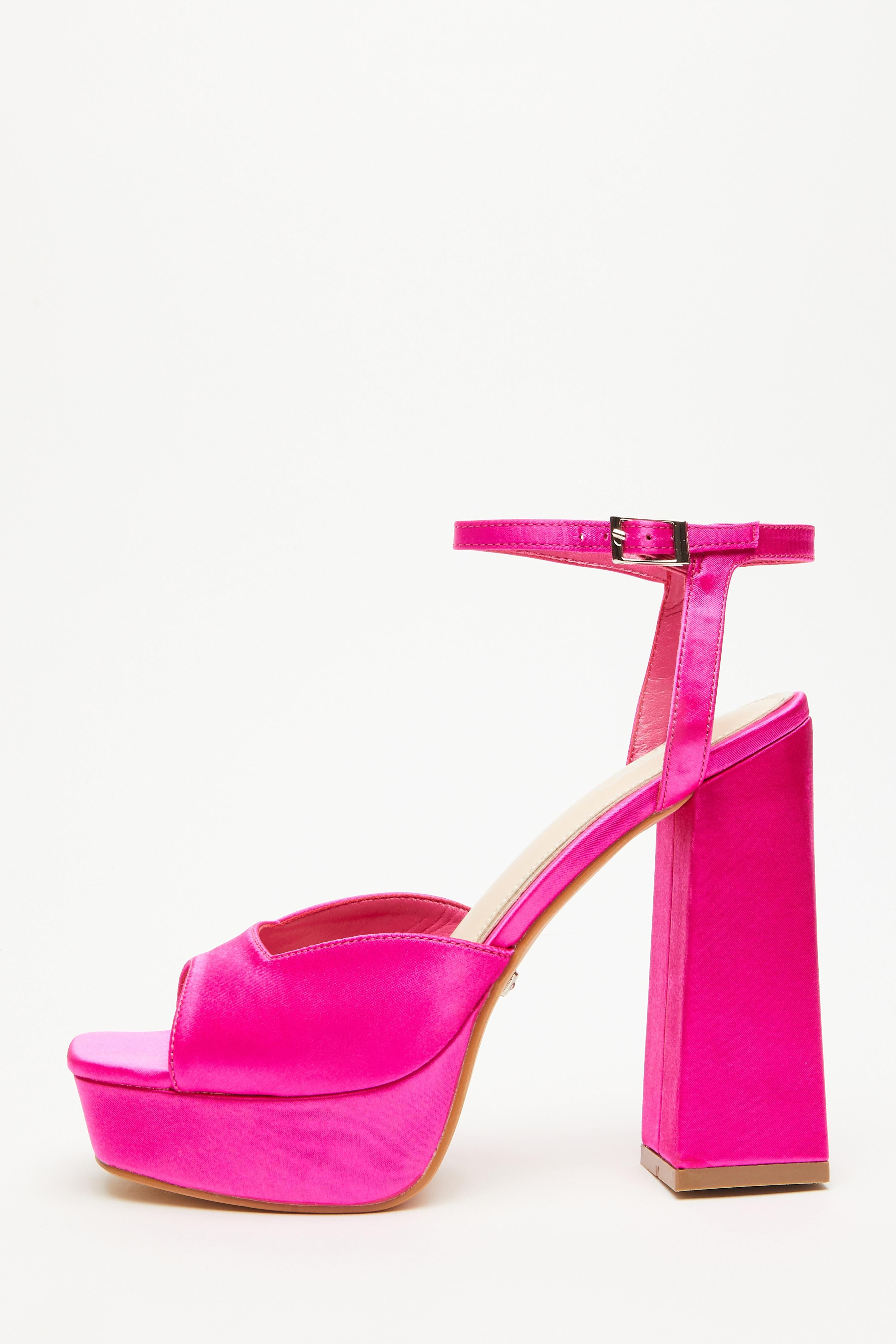 Hot Pink Satin Platform Heeled Sandals | Quiz Clothing (UK)
