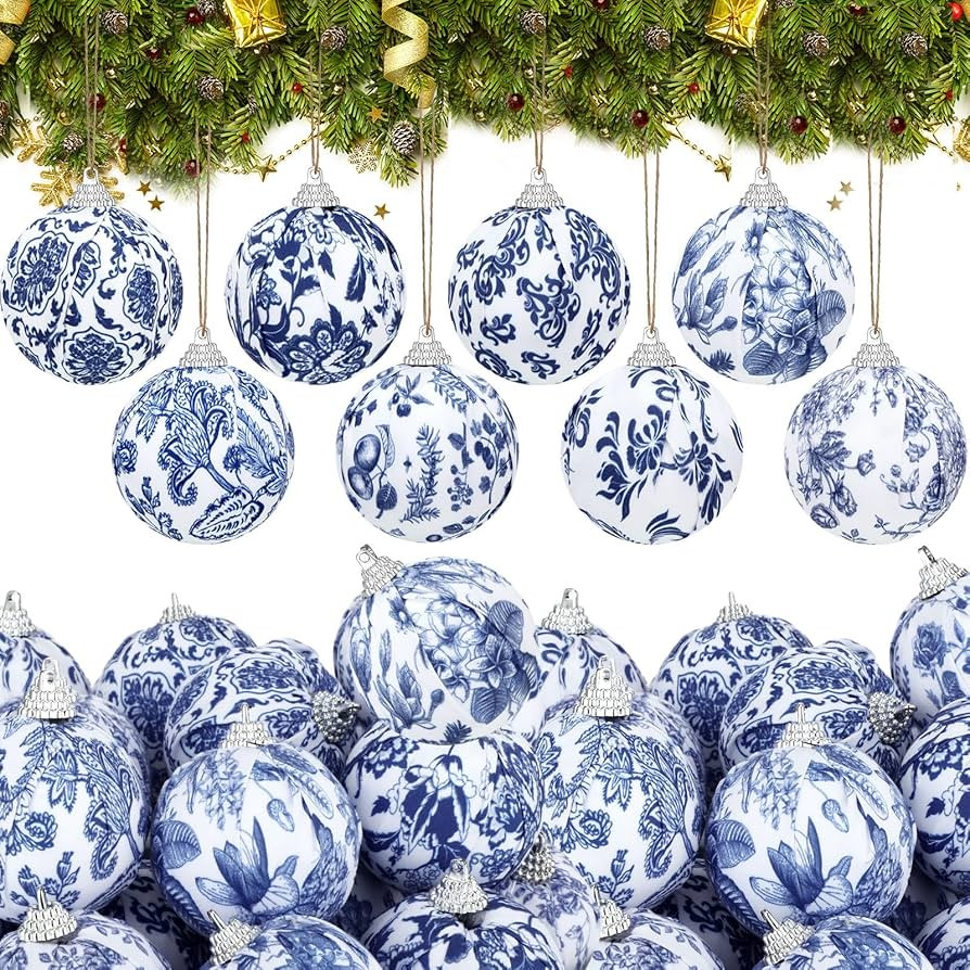 Liliful 24 Pieces White and Blue Christmas Chinoiserie Ornaments Ball Fabric Wrapped Hanging Chri... | Amazon (US)