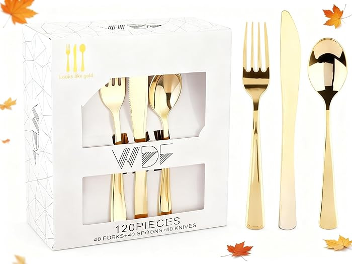 WDF 120 Pieces Gold Plastic Silverware - Disposable Flatware Set - Heavy Duty Thanksgiving Plasti... | Amazon (US)