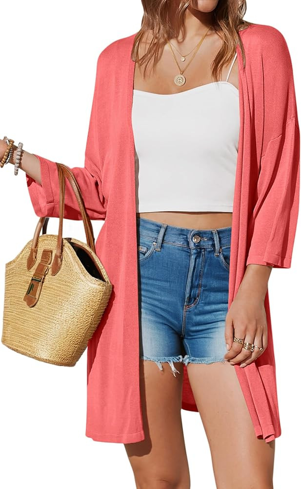 Arach&Cloz Womens 2024 Casual 3/4 Short Sleeve Open Front Cardigan Lightweight Kimono Summer Beac... | Amazon (US)