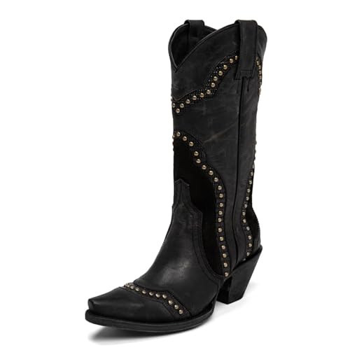 Agodor Black Cowboy Boots For Women Cowgirl Ladies Mid Calf Boots with Classic Studded, Pointed Toe Chunky Heel Pull On Fashion Dress Western Booties US6 | Amazon (US)