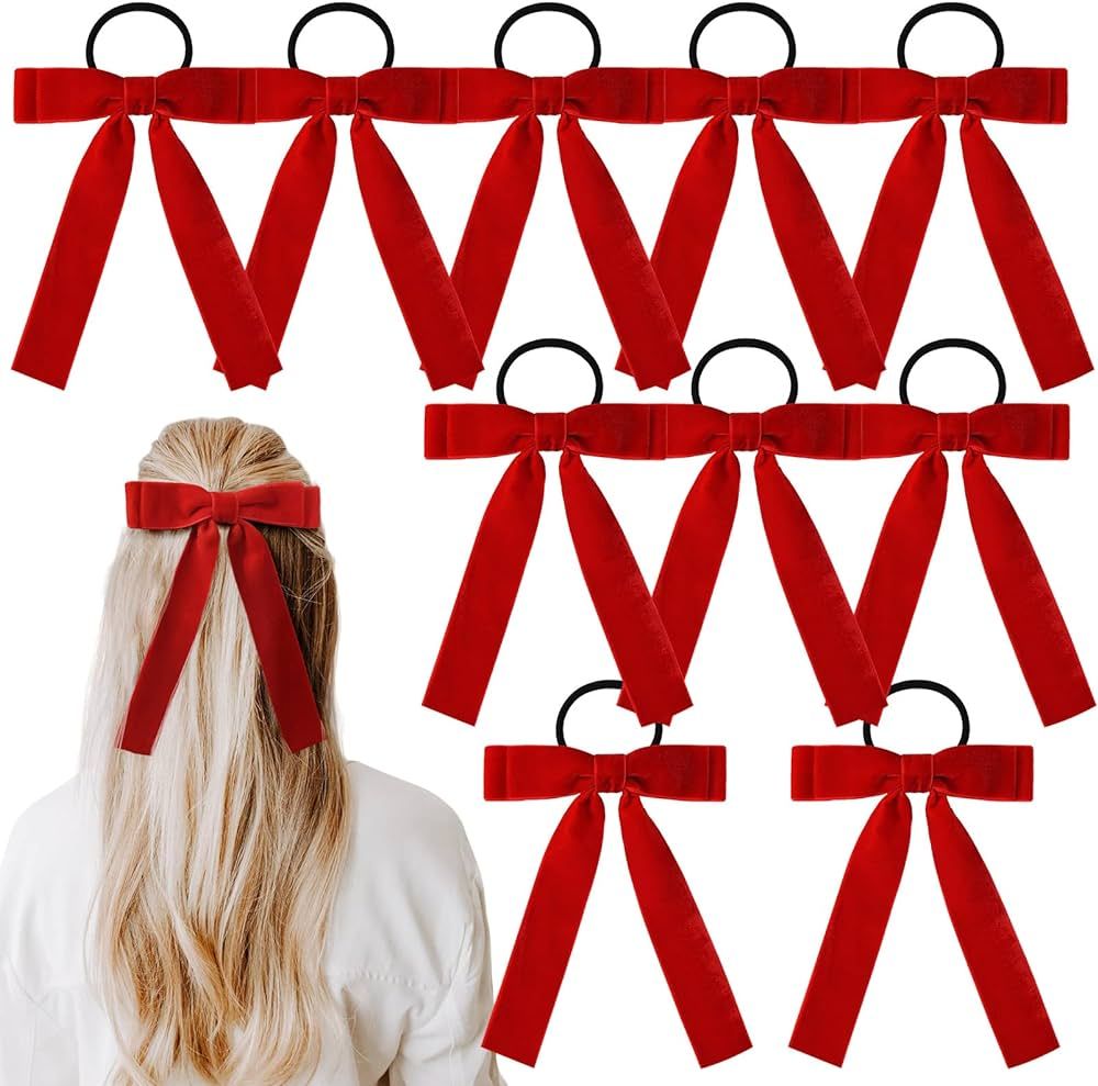 10PCS Bow Hair Tie Red Velvet Hair Ribbon Elastics Hair Scrunchies Ponytail Holder Hair Bow Bands... | Amazon (US)