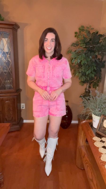 Country Concert Outfit - pink denim romper (size small). White fringe boots (size 8.5). #romper #pinkromper #boots #whiteboots #fringeboots #countryconcert #countryconcertoutfit #summeroutfit Summer Outfit 

#LTKSeasonal #LTKFindsUnder100 #LTKStyleTip