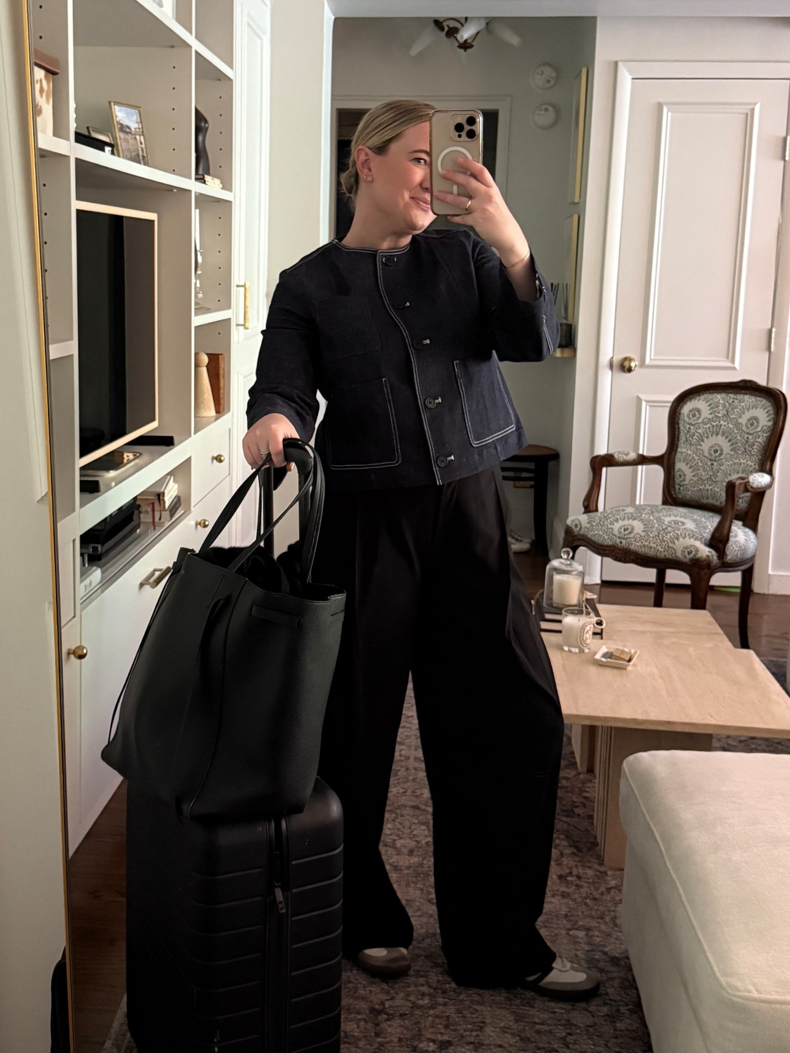 Travel outfit featuring a collarless denim jacket from M.M.LaFleur size M
Black trouser size 8
Work look
Travel style 

#LTKStyleTip #LTKTravel #LTKSeasonal