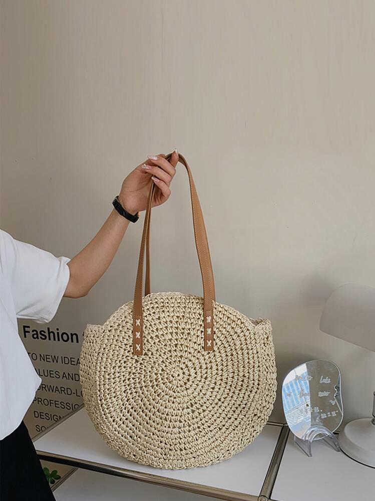 Hollow-Out Handbag,Fashion Woven Bag,Round Large Capacity Shoulder Bag Minimalist,Straw Purse,Str... | SHEIN