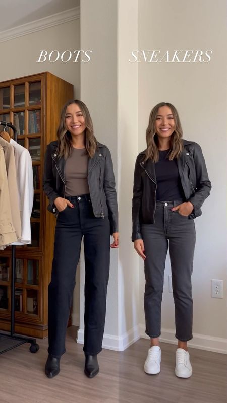 Madewell moto leather jacket styled 2 ways // insider event is 25% site wide including this investment jacket 
Moto jacket xs
Madewell left pants: 23 regular (sized down)
Madewell right pants: 23 petite 
Linked similar long sleeve tops

Casual outfit / boots vs sneakers / going out outfit 

#LTKSeasonal #LTKtravel #LTKsalealert