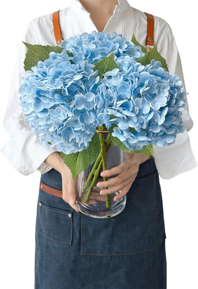 Light Blue Flowers Real Touch Artificial Hydrangeas, 3Pcs 21”Large Royal Latex Silk Flowers,Lon... | Amazon (US)
