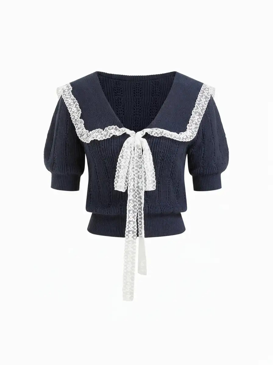 Knit Collar Short Sleeve Lace Top | Cider