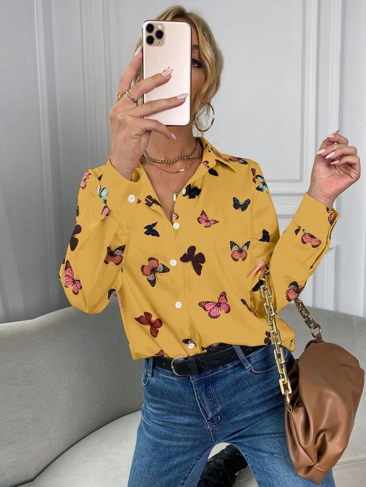 Butterfly Print Button Front Shirt | SHEIN