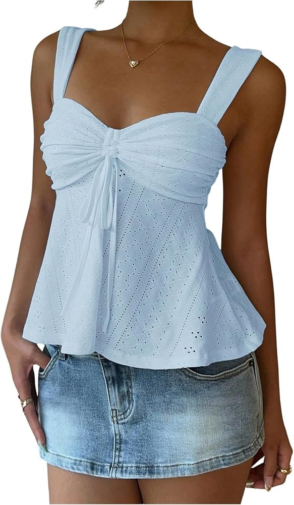 Milumia Women's Eyelet Tie Front Ruched Tank Tops Y2k Going Out Peplum Top | Amazon (US)