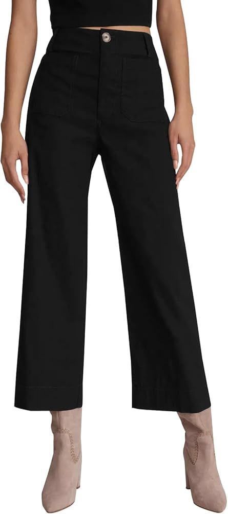 miduo Womens High Waisted Cropped Wide Leg Stretchy Straight Pants Trousers with Pockets | Amazon (US)