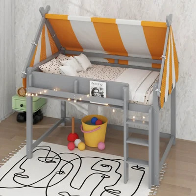Loft Bed With Canopy, Wooden Loft Bed Frame With Book Shelf And LED Lights | Wayfair North America