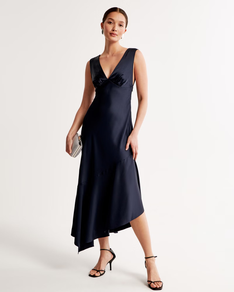 Satin Slip Asymmetrical Midi Dress | Abercrombie & Fitch (US)