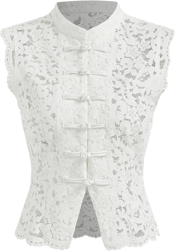 CIDER Womens Lace Mandarin Collar Guipure Split Tank Top Sleeveless Shirt Blouses | Amazon (US)