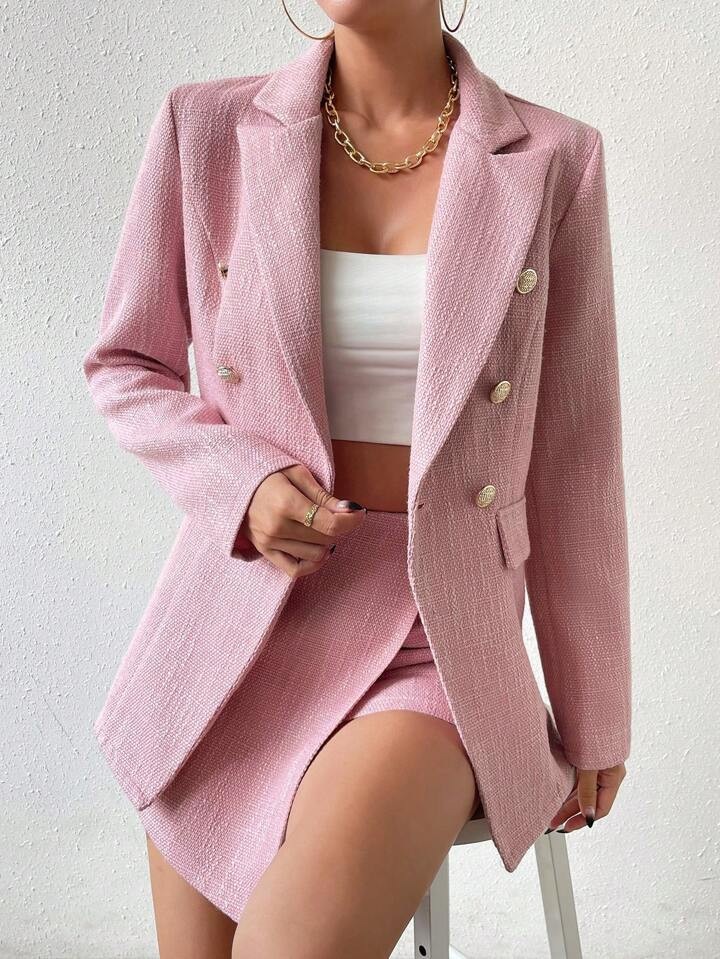 SHEIN Privé Double Breasted Blazer & Asymmetrical Hem Skort | SHEIN