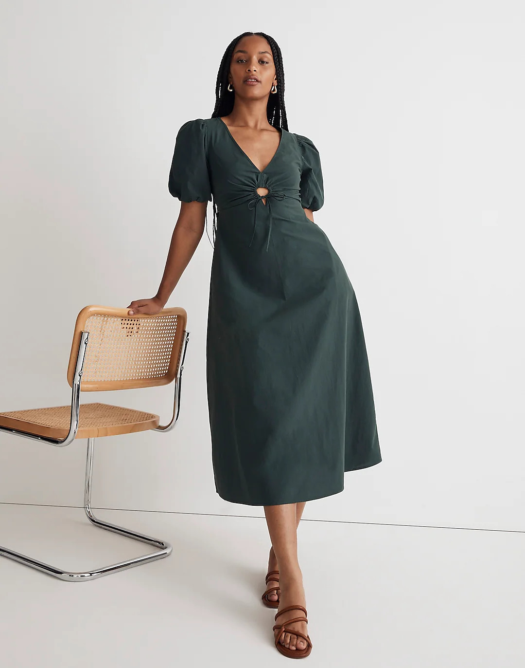 Poplin Cutout Puff-Sleeve Midi Dress | Madewell