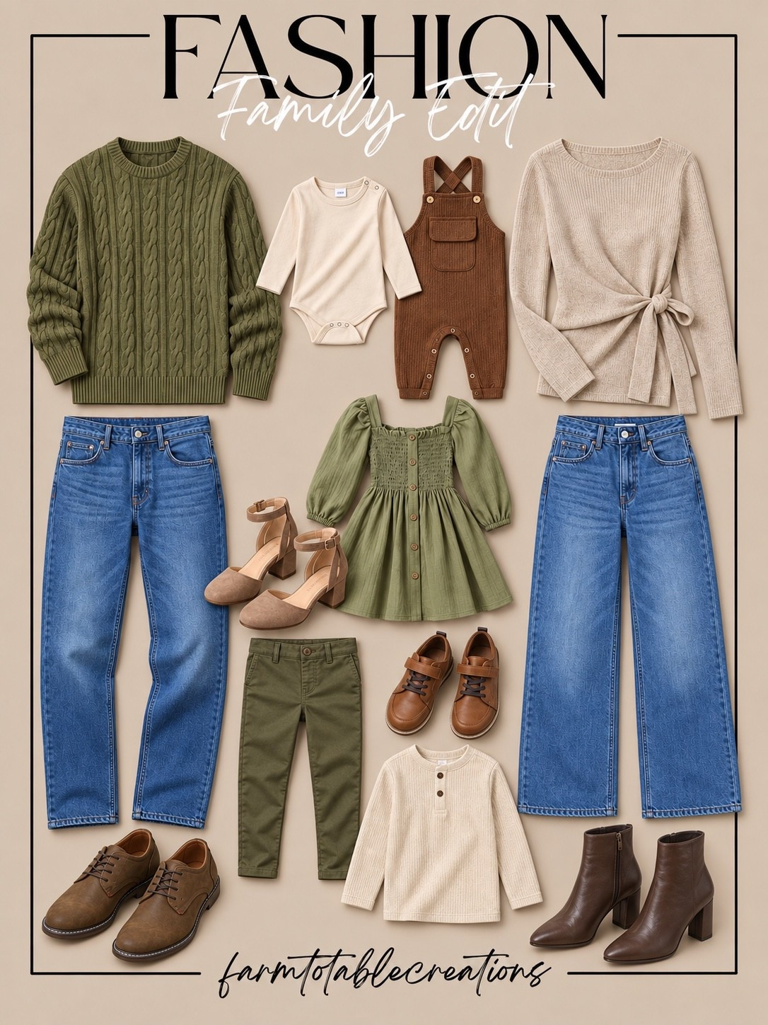 Coordinating Fall Family Photo Outfits 🌿🤎

Olive green, warm brown, cream, and classic denim make such a beautiful combination for fall family photos! I love how this palette coordinates everyone without making the outfits feel overly matched. Cable-knit sweaters, soft dresses, relaxed denim, and warm leather shoes add plenty of texture and keep the whole look timeless.

This color combination would be gorgeous for outdoor family pictures, Thanksgiving, or any fall gathering. Mixing neutrals with muted green gives everyone their own individual look while still creating one cohesive family style.

Follow @farmtotablecreations on Instagram for more cozy home finds and trending decor.

#LTKFamily #LTKStyle #FamilyPhotoOutfits #FallFamilyPhotos #FallFamilyOutfits #FamilyOutfits #CoordinatingOutfits #FallFashion #OliveGreen #NeutralStyle #FamilyStyle #AutumnOutfits #ThanksgivingOutfits #LTKFinds

#LTKKids #LTKMens #LTKOver40