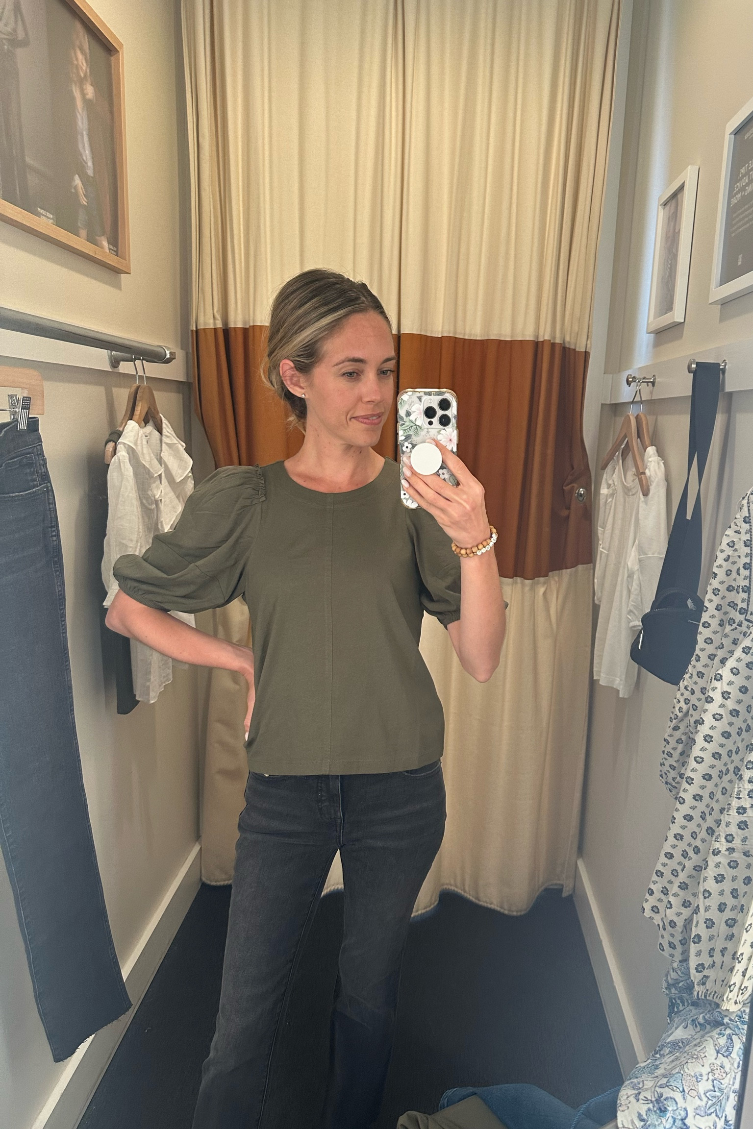 Loved this simple, super soft top with the ruffled sleeve detail. Comes in a few colors. Wearing XS