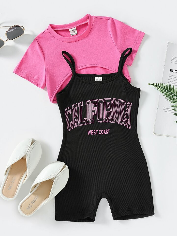 Young Girl Letter Graphic Cami Romper With Tee | SHEIN