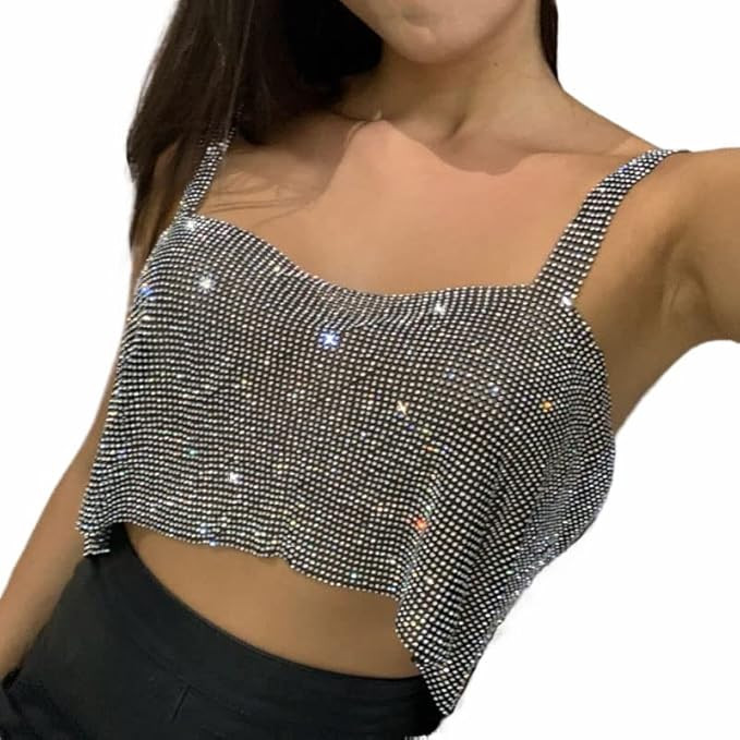 deladola Rhinestones Crop Top Gold Sparkly Crystal Tank Tops Backless Summer Beach Outfit for Wom... | Amazon (US)