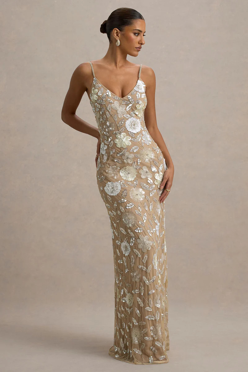 Gemini  Floral Sequin Hand-Embellished Strappy Maxi Dress | Club L London
