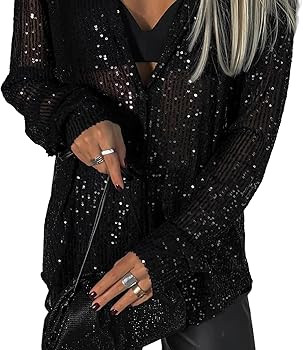 Womens Sequins Long Sleeve Collared Shirt Button Down Open Front Shirt Loose Blouses Shirts Tops | Amazon (US)