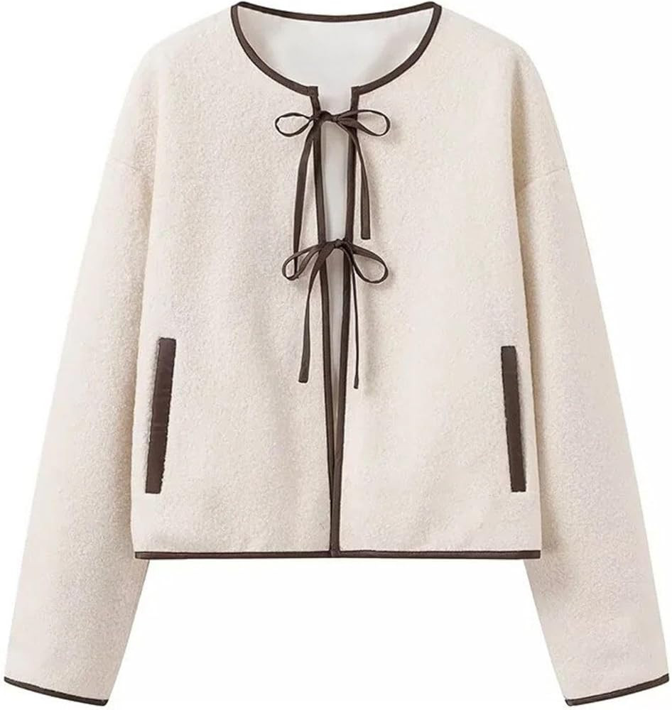 FindThy Women’s Bow Tie Front Cardigan Stylish Crewneck Long Sleeve Fuzzy Faux Fur Teddy Jacket... | Amazon (US)