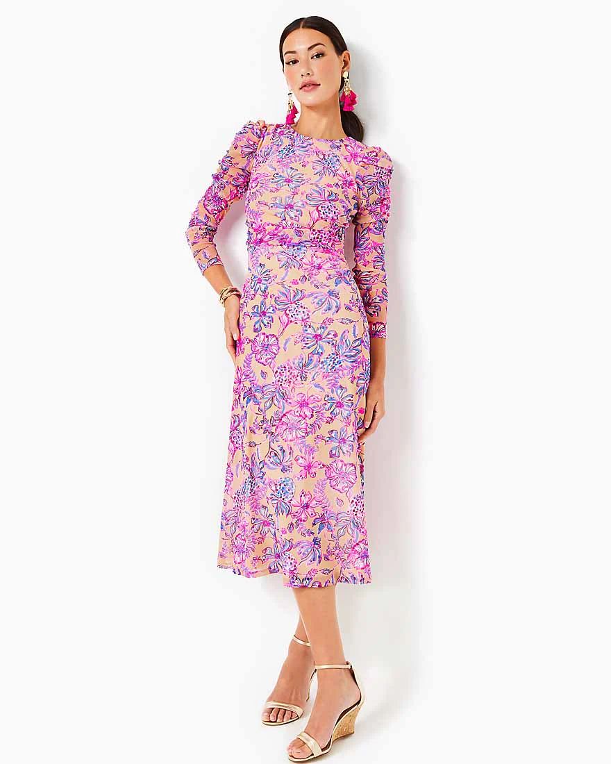 Preslie Long Sleeve Mesh Midi Dress | Splash of Pink - A Lilly Pulitzer Store