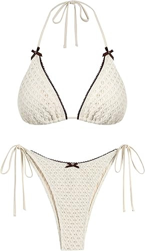 ZAFUL Women's Sexy Halter Bikini Sets Bow Decor Tiny Floral Print Bikini Swimsuits Tie Side Trian... | Amazon (US)