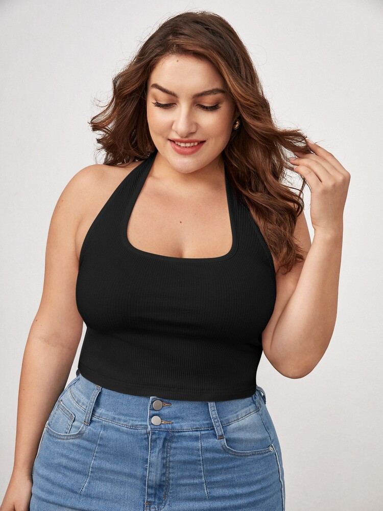 SHEIN BASICS Plus Cotton Solid Halter Top | SHEIN