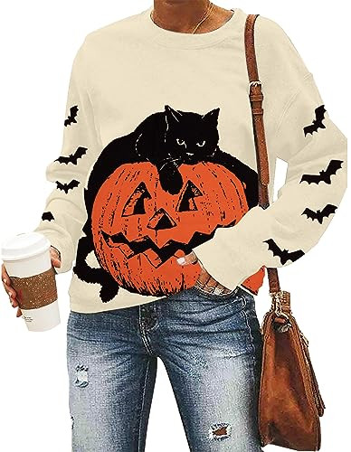 Black Cat on Pumpkin Sweatshirt Halloween Sweatshirts for Women Fall Pumpkin Face Tee Lightweight... | Amazon (US)