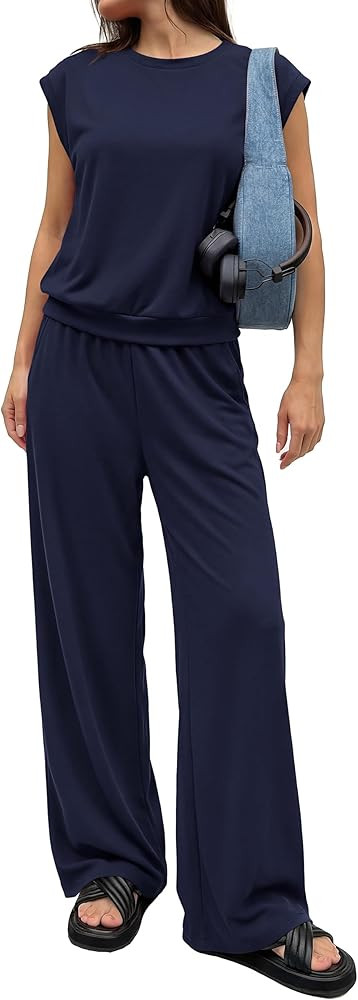 PRETTYGARDEN Women's Summer 2 Piece Lounge Sets 2026 Cap Sleeve Tops Wide Leg Pants Workout Sets ... | Amazon (US)