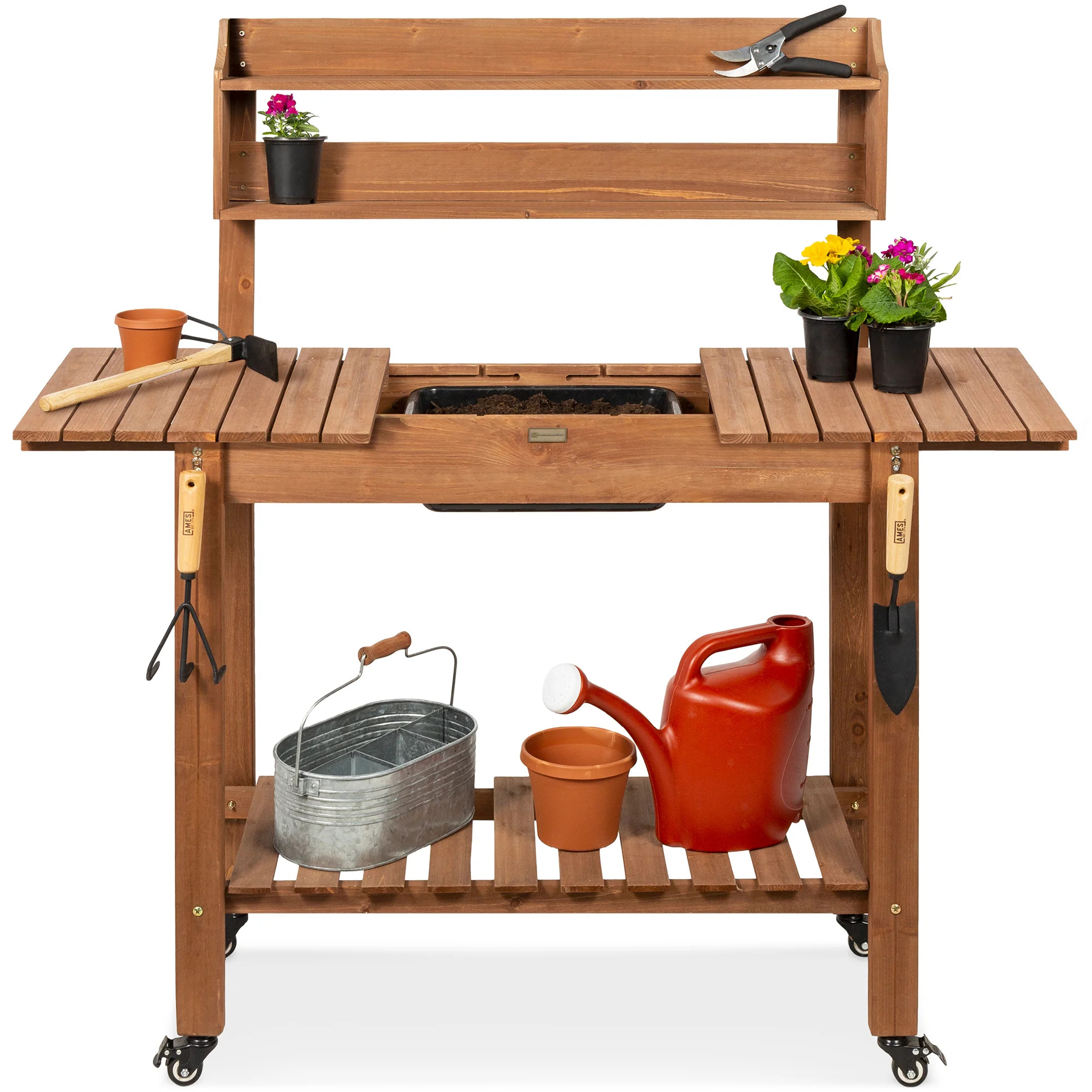 Wood Garden Potting Bench w/ Sliding Tabletop, Food Grade Dry Sink, Wh | Best Choice Products 