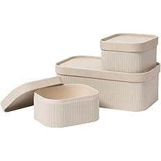 LA JOLIE MUSE Storage Basket Set of 3 with Leather Lids Fluted Cardboard - Light Grey | Amazon (US)