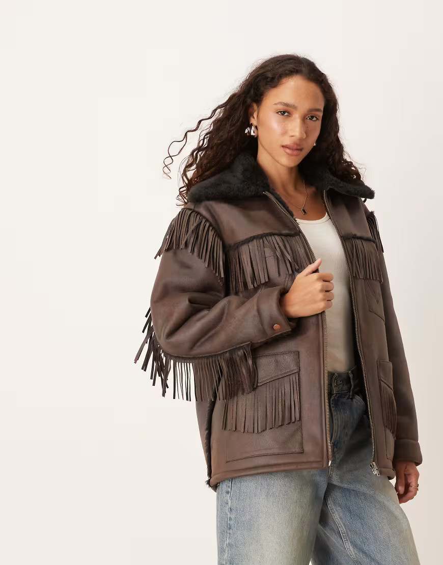 Wrangler faux shearling fringe jacket in brown | ASOS (Global)