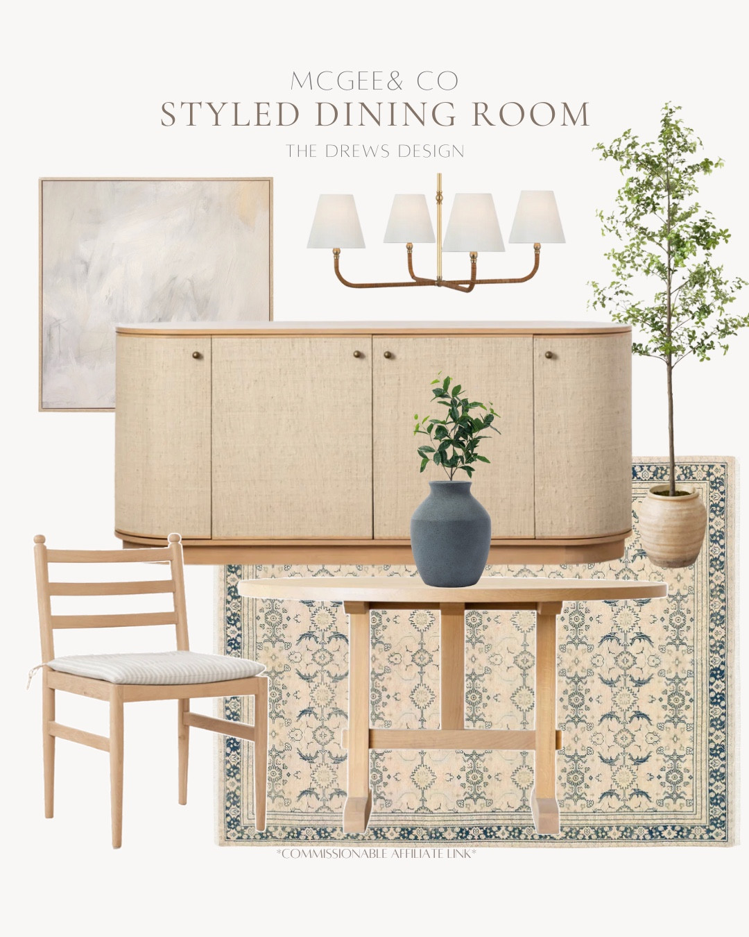 Styled dining room includes dining table, dining chairs, rug, faux tree, buffet, chandelier, and wall art.

Styled home, coastal home, neutral home, neutral dining 

#LTKFindsUnder50 #LTKFindsUnder100 #LTKHome