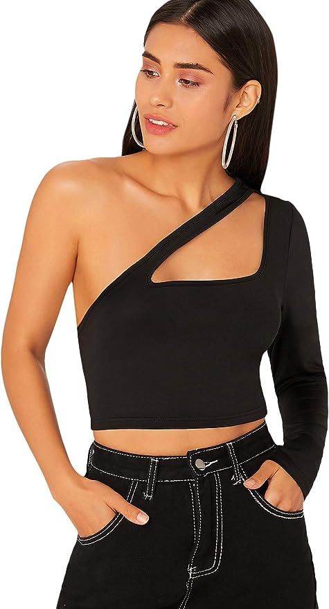 SheIn Women's One Shoulder Sexy Cutout Long Sleeve Fitted Crop Top Outfits | Amazon (US)