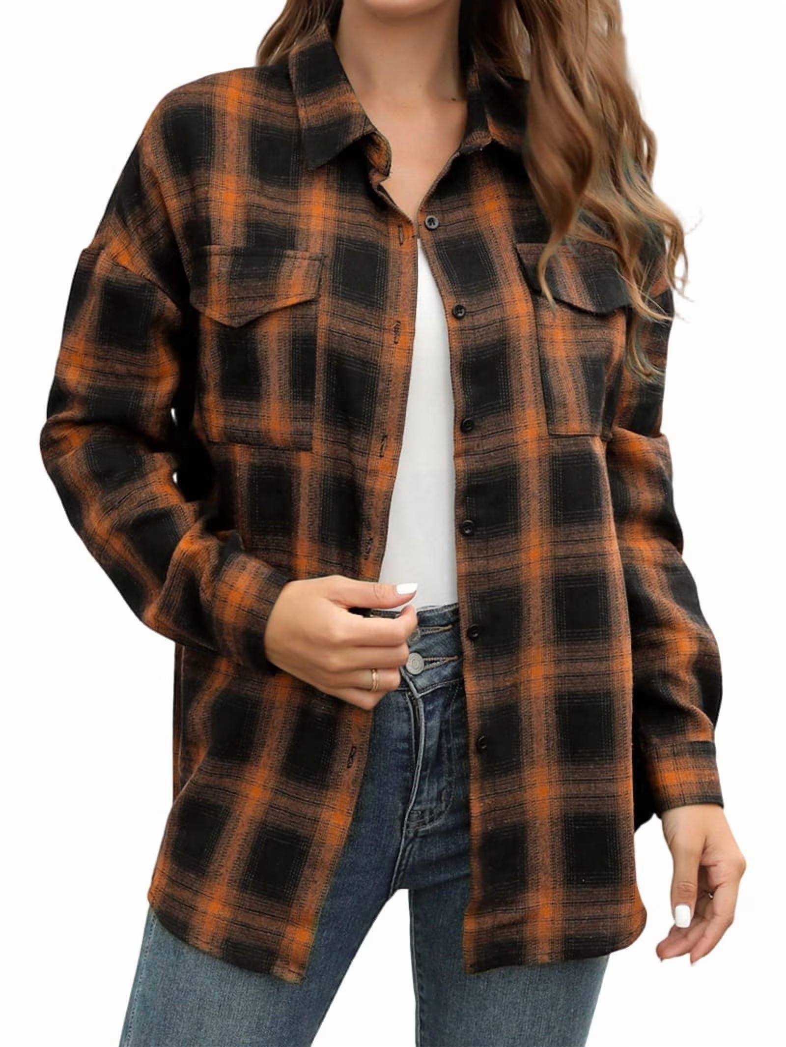 Womens Casual Cuffed Long Sleeve Boyfriend Button Down Plaid Flannel Shirt Tops Dark Brown XL - Walmart.com | Walmart (US)