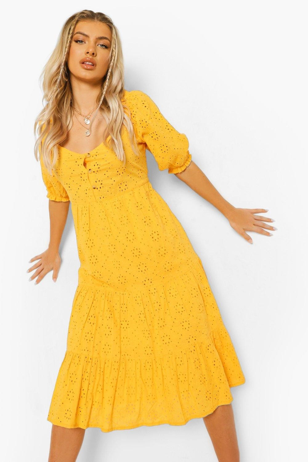 Tiered Eyelet Button Down Midi Dress | Boohoo.com (US & CA)