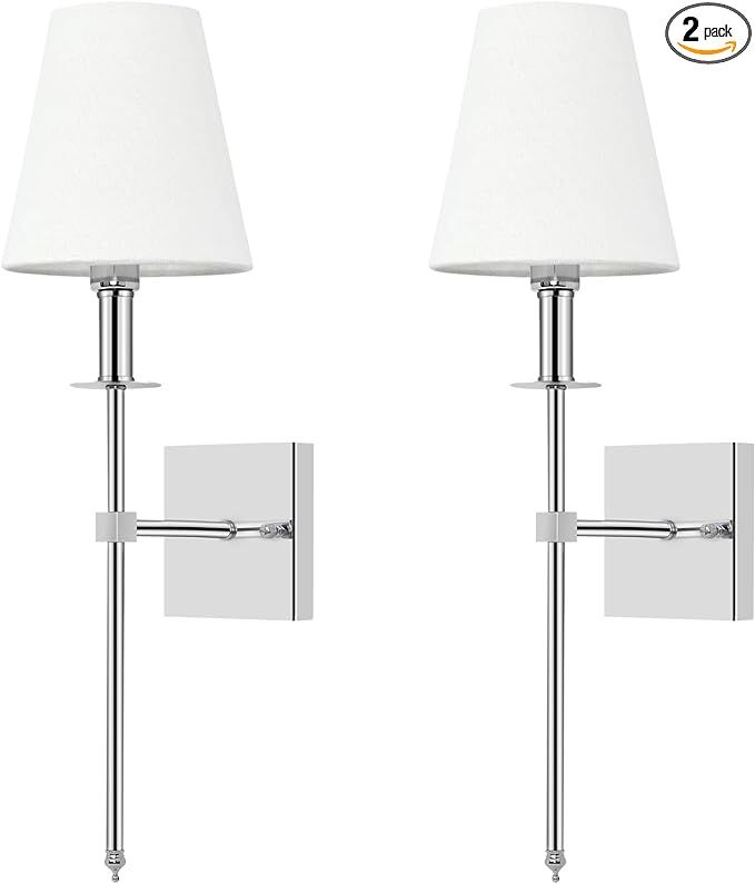 Chrome Wall Light Set of two, Wall Sconce Lighting Fixture with Flared White Textile Lamp Shade I... | Amazon (US)