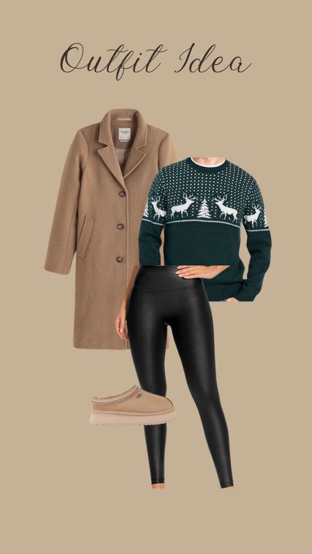 Outfit idea! Amazon faux leather leggings- oversized Christmas sweater- Abercrombie dad coat- uggs- size 6 fashion 