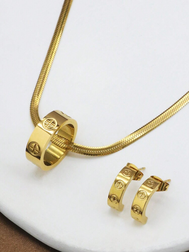 3pcs/Set Fashionable Couples Earrings & Necklace Jewelry Set, Stainless Steel Material, Luxury & Cute Accessories For Men & Women | SHEIN