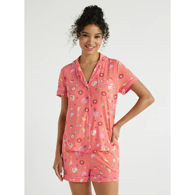 Joyspun Women's Knit Notch Collar Top and Shorts Pajama Set, 2-Piece, Sizes S to 3X | Walmart (US)