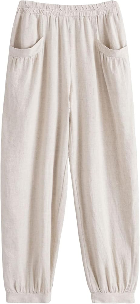 Minibee Women's Cotton Linen Tapered Cropped Pants Elastic Waist Trousers | Amazon (US)