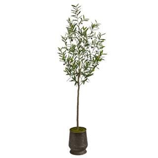 Nearly Natural 75in. Olive Artificial Tree in Ribbed Metal Planter | The Home Depot