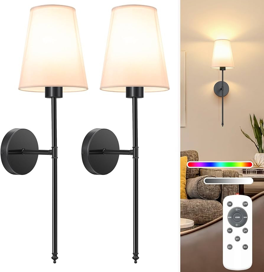 NIORSUN 25.4 inch Battery Operated Wall Sconce Set of 2,Black Rechargeable Wall Lights with 5200m... | Amazon (US)