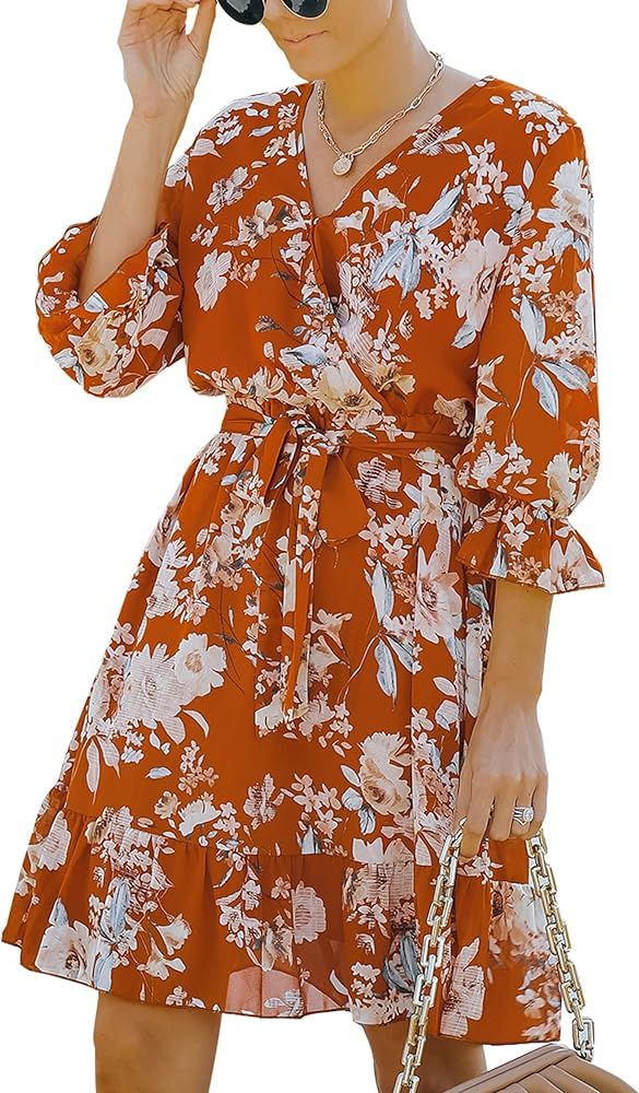 Angashion Women's Floral Dress Casual Ruffle Short Sleeve Wrap V Neck Women Dot High Waist Beach ... | Amazon (US)