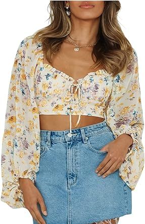 AlvaQ Blouses for Women Puff Long Sleeve Square Neck Floral Crop Tops Fashion Shirts Top for Wome... | Amazon (US)